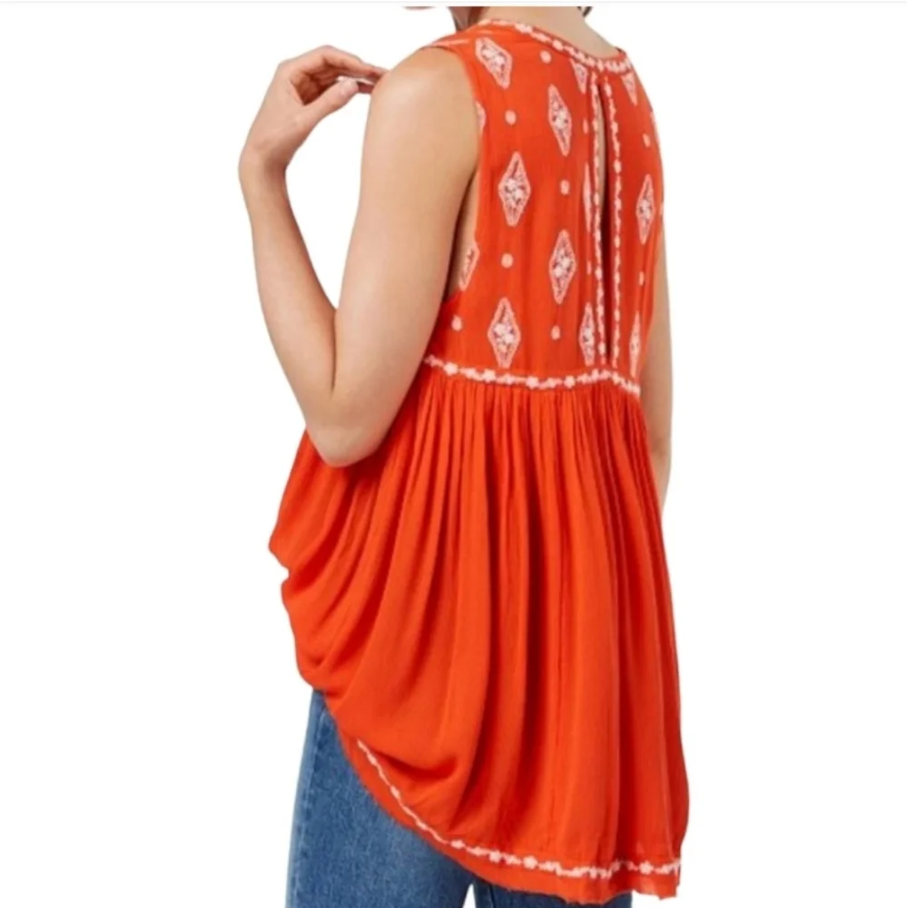 Free People orange boho Diamond embroidery sleeveless top,tunic